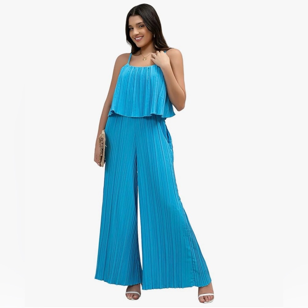 Casual Cape Ruffled Spaghetti Straps Wide Leg Pants Long Jumpsuit with Pockets